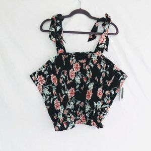 New W Tag BP 4X Plus Black Floral Halter Tank Top Shirt Tie Straps Shirred